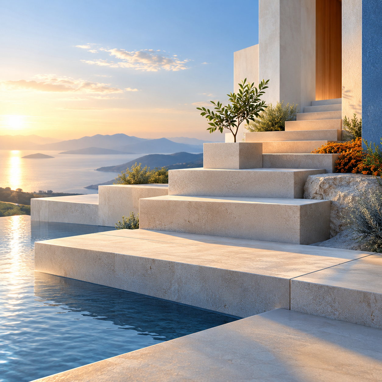 Sunlit architectural steps beside calm water, representing a clear path towards lasting wealth.